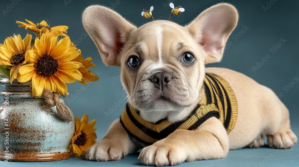 Fototapeta premium Puppy Lying Down Wearing Bee Antennae and Striped Sweater
