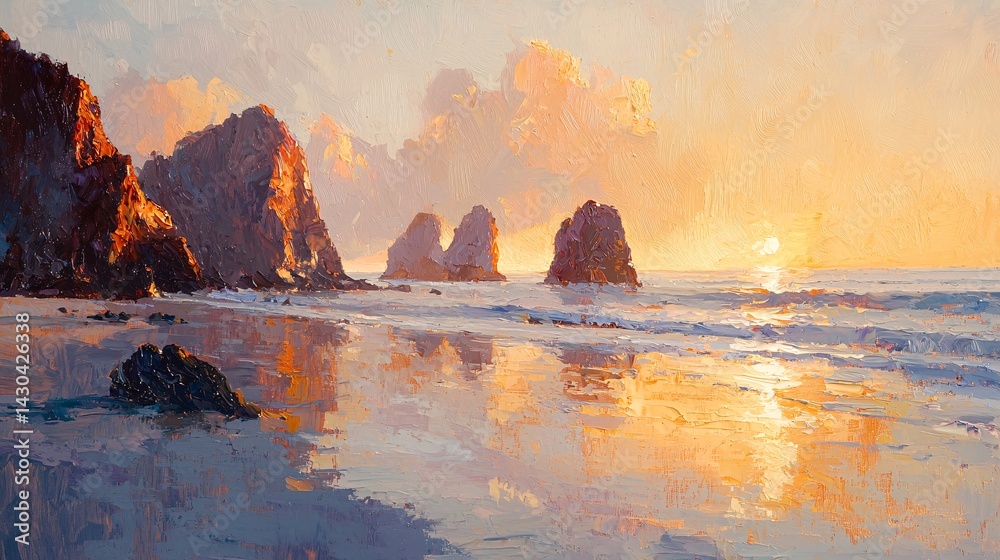 Obraz premium Beach, sunset, rocks, reflections on the water