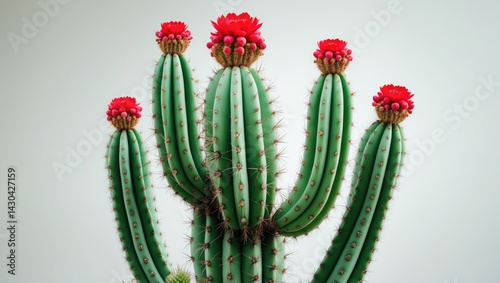 Isolated green opuntia tropical cactus with red flower bud on background