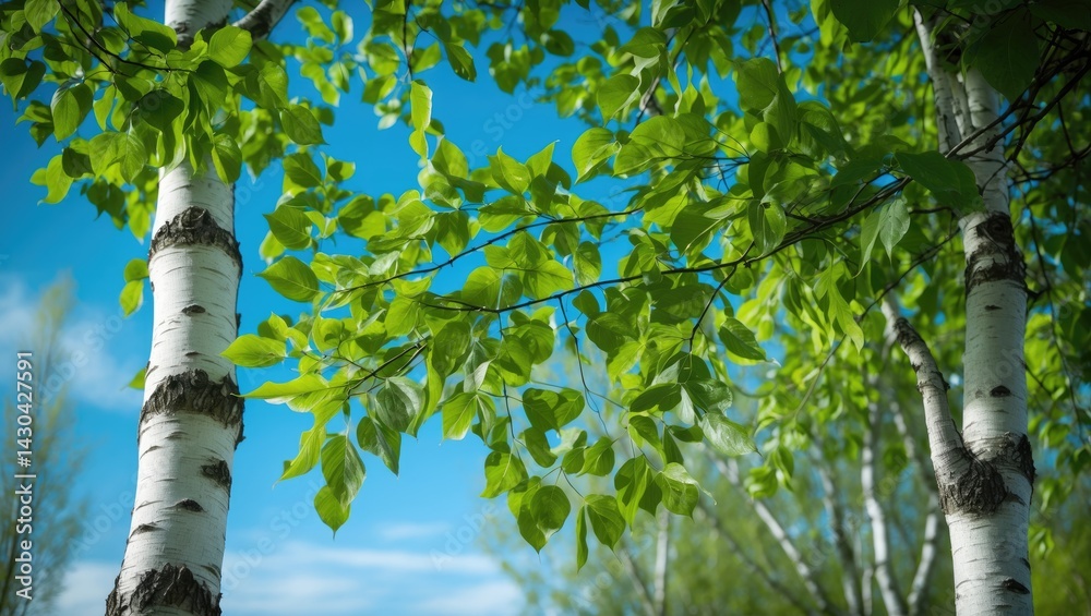 Fototapeta premium Bright blue sky behind lush green foliage on tall birch trees in a sunny park