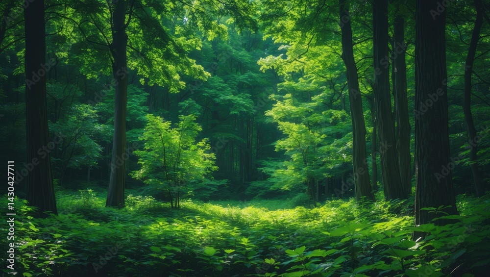 Obraz premium Summer Landscape of Green Forest with Sunlight and Trees