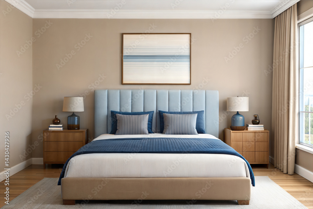 Fototapeta premium Modern bedroom with blue bedding, matching pillows, and serene artwork