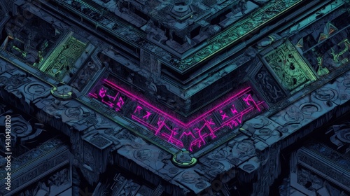 Detailed illustration of ancient temple architecture with glowing runes, mystery concept. Perfect for fantasy games, book covers, and mythology art. in flat design style