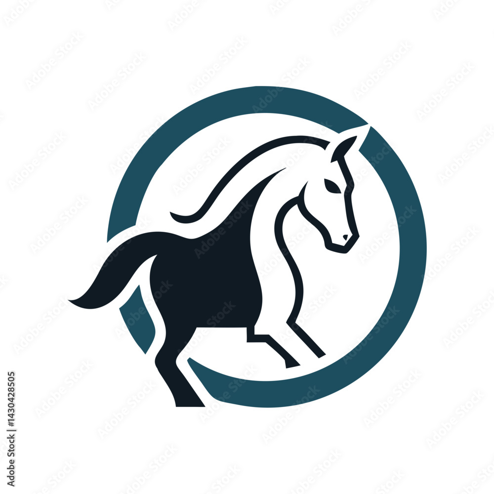 Obraz premium Horsehead Silhouette in Horseshoe Shape Logo . A simple, elegant silhouette of a horse's head nestled within a horseshoe shape.