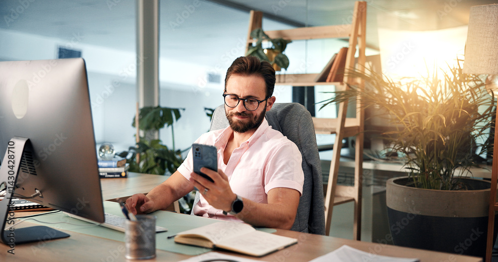 Computer, planning and phone with business man at desk for investment or portfolio management. Agenda, communication and finance with happy stock market broker in workplace for strategy development