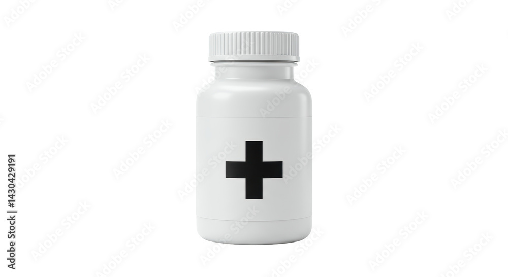 Obraz premium Isolated White Medicine Bottle with Plus Sign Label for Medication