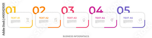 Modern vector flat illustration. Infographic numbers template with five rectangles, elements, icons. Timeline designed for business, presentations, web design, interface, diagrams with 5 steps