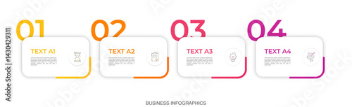 Modern vector flat illustration. Infographic numbers template with four rectangles, elements, icons. Timeline designed for business, presentations, web design, interface, diagrams with 4 steps