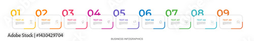 Modern vector flat illustration. Infographic numbers template with nine rectangles, elements, icons. Timeline designed for business, presentations, web design, interface, diagrams with 9 steps