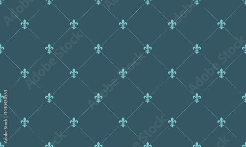 Elegant teal blue background featuring a repeating pattern of fleurdelis symbols, arranged in a sophisticated diamond grid.