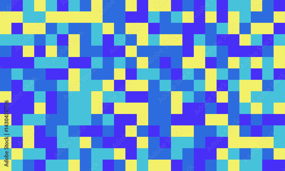 Fototapeta premium Abstract pixel art background. Vibrant blue, yellow, and teal squares create a dynamic, energetic design. Perfect for websites, presentations, or digital art projects.