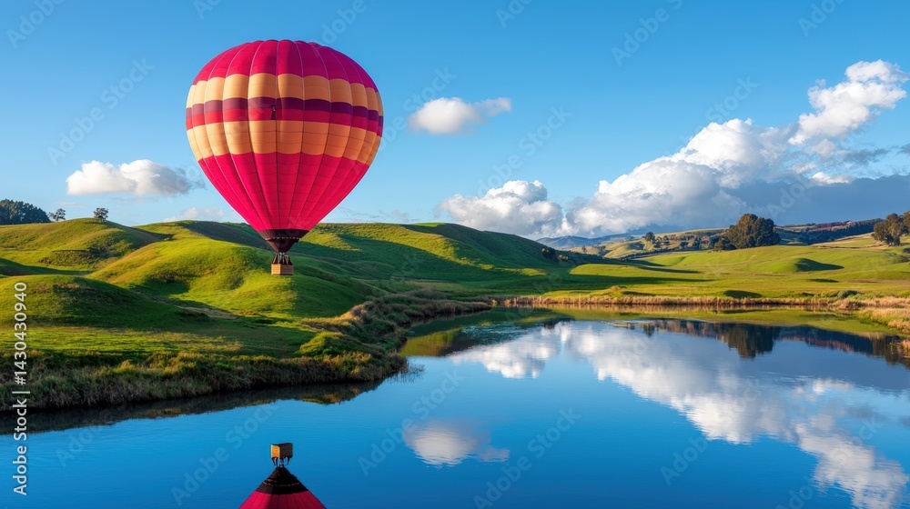 Fototapeta premium A hot air balloon ascending above rolling hills, reflecting dreams taking flight