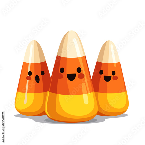 Cheerful candy corn trio in pop art style, evokes Halloween fun