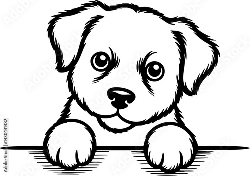 Adorable Puppy Peeking Over a Line - Vector Illustration