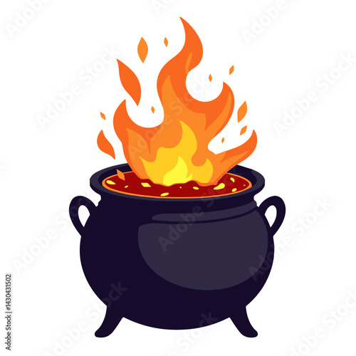Bubbling cauldron with flames, Halloween-themed potion illustration