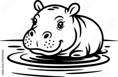 Cute Cartoon Hippo in Water