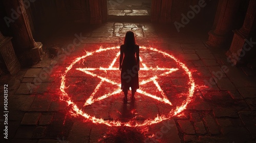 A mysterious figure stands in an ancient, dimly lit room, surrounded by a glowing red pentagram inscribed on the stone floor