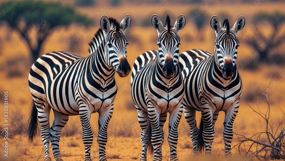 Obraz premium Zebras gather closely in the tall grass of the savannah.