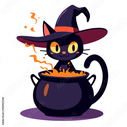 Playful witch's cat stirring cauldron in Halloween theme, spooky fun