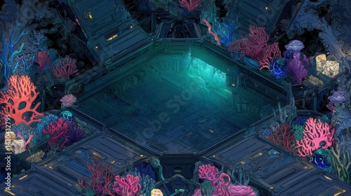 Detailed illustration of futuristic underwater base with colorful coral reef, marine exploration concept. Perfect for sci-fi games, book covers, and digital art. in flat design style