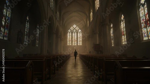 A person walking down the aisle of a church with stained glass windows and rows of pews inside
