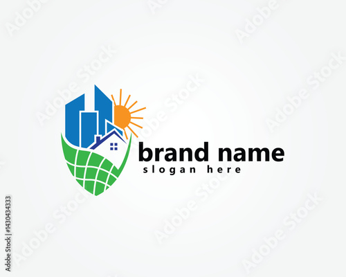 solar shield logo, solar panel and city above it, logo design inspiration