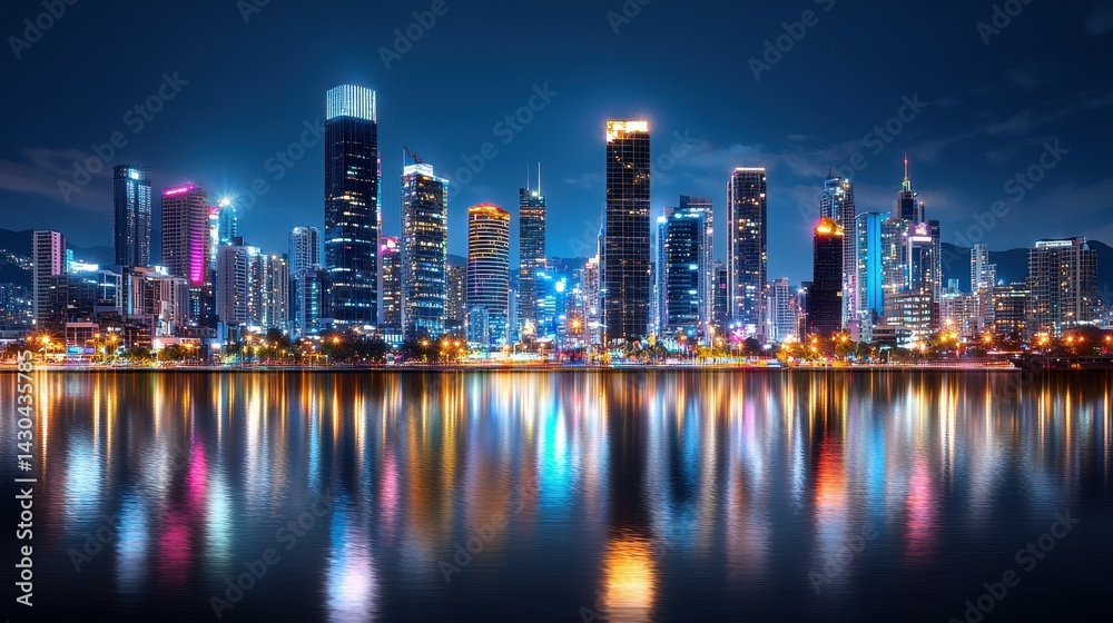 Fototapeta premium Vibrant city skyline at night with stunning reflections in the water.