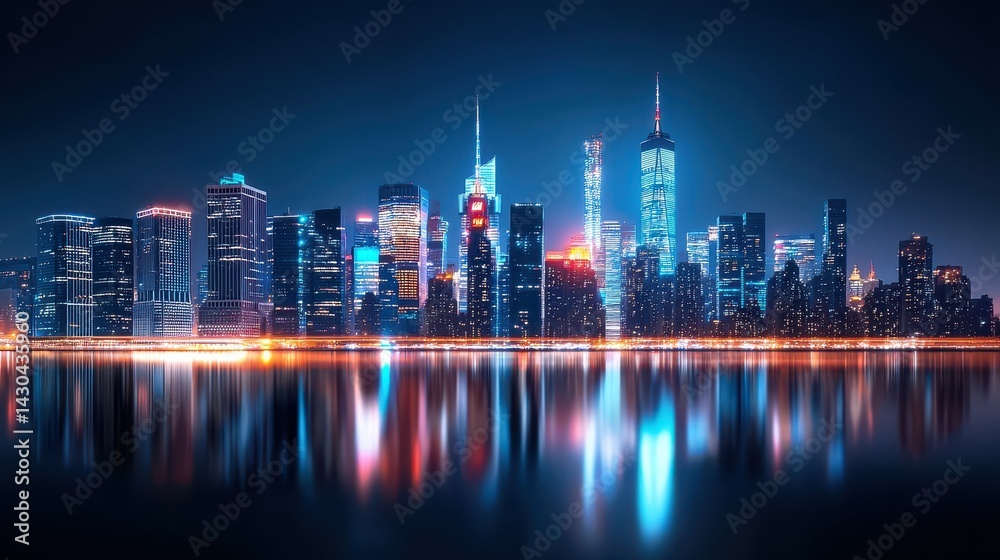 Fototapeta premium Stunning night skyline of a bustling city with vibrant lights reflecting on the water.