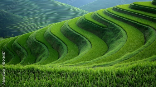 Lush green rice terraces cascade down the hillside in undulating patterns