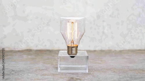 A glowing filament bulb encased in a transparent cube, symbolizing ingenuity and transparency