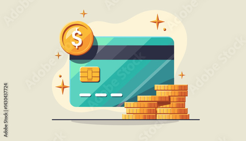Credit Card Stacks of Coins Vector Illustration for E-commerce Websites, Financial Blogs, Banking Tutorials, Online Payment Systems, Investment Guides, and Digital Marketing