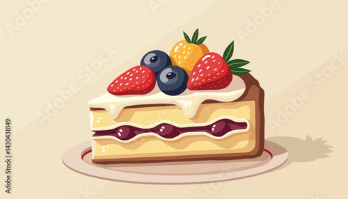 Slice of Cake with Berries Illustration for Dessert Menus, Recipe Websites, Bakery Flyers, Culinary Art, Food Illustration Projects, Birthday Cards - the Concept of Sweet Indulgence