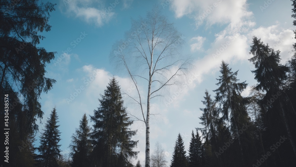 Birch tree under a clear sky in a beautiful outdoor landscape during winter and autumn Birch tree under a clear sky in a beautiful outdoor landscape during winter and autumn