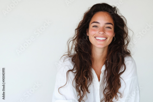 Beautiful smiling woman with long brown hair posing on white background