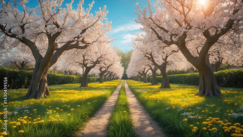Enchanting garden scene with blossoming lush trees on a bright sunny day. Enchanting garden scene with blossoming lush trees on a bright sunny day.