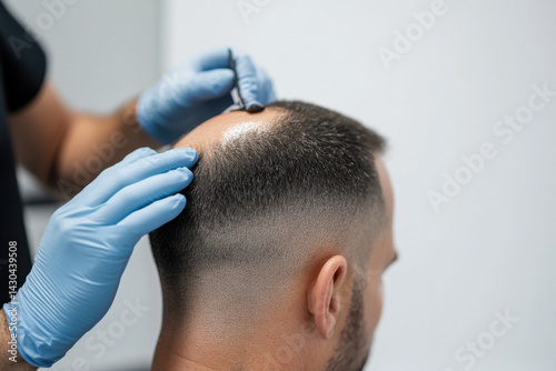 Doctor applying hair loss treatment on patient's scalp