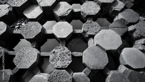 Black and white close-up of basalt columns with natural hexagonal patterns from an overhead perspective