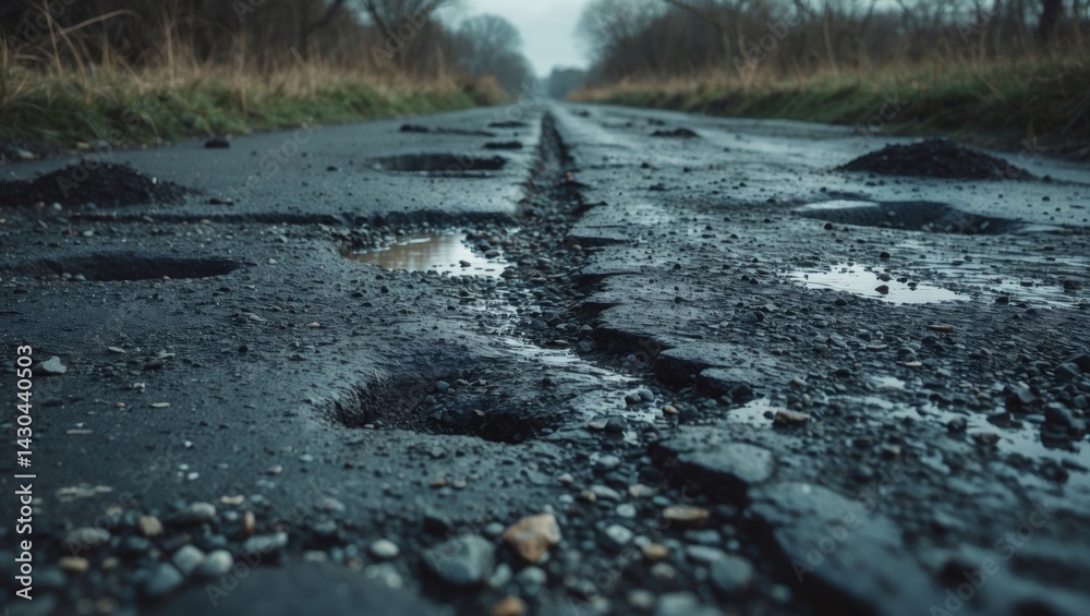Fototapeta premium Wet and bumpy asphalt surface on the street