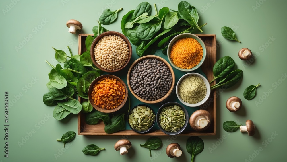 Plant-based protein sources on green background for vegan and vegetarian meals. Flat lay of albumen alternatives. Plant-based protein sources on green background for vegan and vegetarian meals. Flat lay of albumen alternatives.