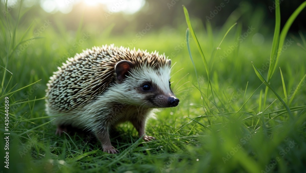 Fototapeta premium Young hedgehog in wildlife on lush green grass