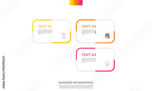 Modern vector infographic template with rectangles, elements in minimalist design. Use for presentations, business processes, interface, data visualization, marketing strategies with three steps.