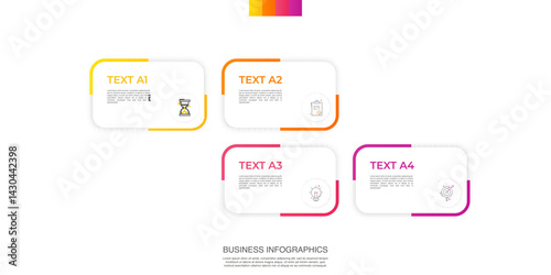 Modern vector infographic template with rectangles, elements in minimalist design. Use for presentations, business processes, interface, data visualization, marketing strategies with 4 steps.