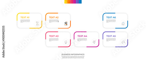 Modern vector infographic template with rectangles, elements in minimalist design. Use for presentations, business processes, interface, data visualization, marketing strategies with six steps.