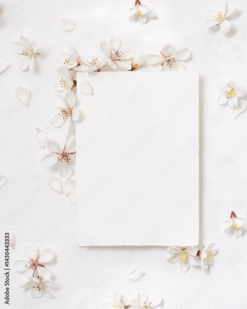 Blank vertical paper card near white cherry flowers top view, spring wedding mockup