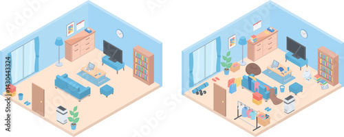 すっきりしたリビングの部屋と散らかった部屋のアイソメトリックイラスト