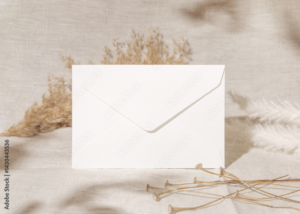 Blank envelope near beige pampas grass on linen closeup, mockup. Bohemian wedding stationery