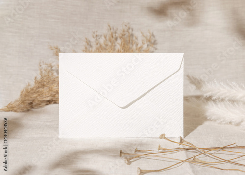 Obraz na płótnie Blank envelope near beige pampas grass on linen closeup, mockup. Bohemian wedding stationery w salonie