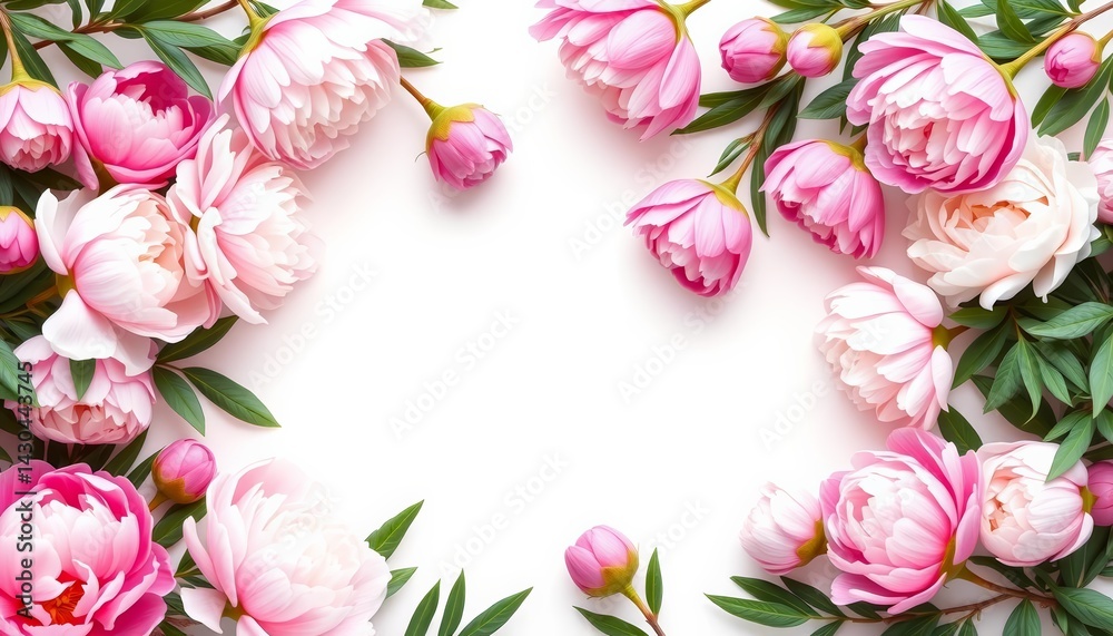 Fototapeta premium Pink and white peony blossoms form a lush border frame against a white background , white background, white peony