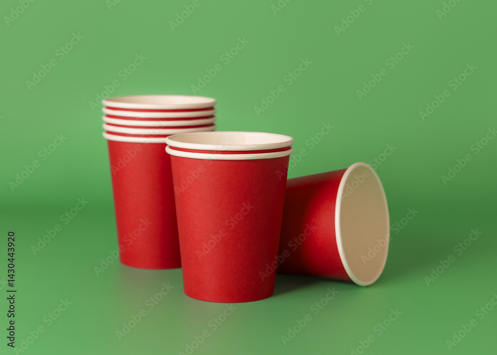 Disposable red paper cups on a green closeup, mockup. No plastic and sustainable Christmas