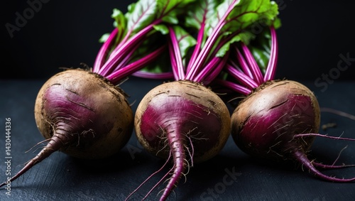 Beetroot displayed on a black background, consumed boiled, roasted, raw, as salad, and vegetable